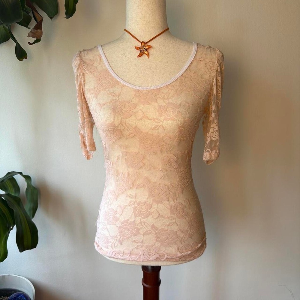 Color Story Pink Sheer Floral Lace Coquette Top Ruched Half Sleeve 1242 Mens M